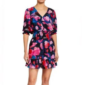 Parker Silk blend floral mini dress Sz M Abstract Ruffle Hem